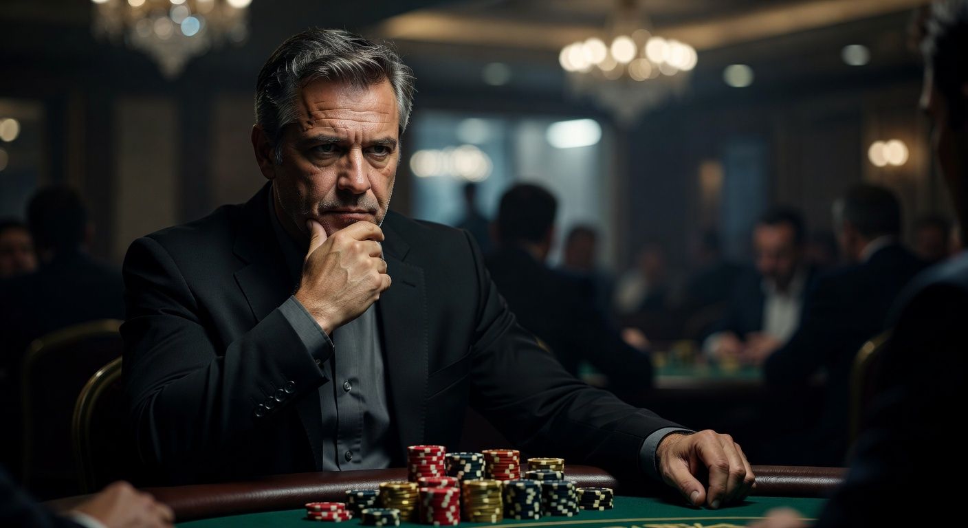 A blurred background of a luxurious high-stakes poker tournament with bright casino lights, focusing on a professional poker player in deep thought, cinematic lighting, luxury poker chips on the table, no text or logos.