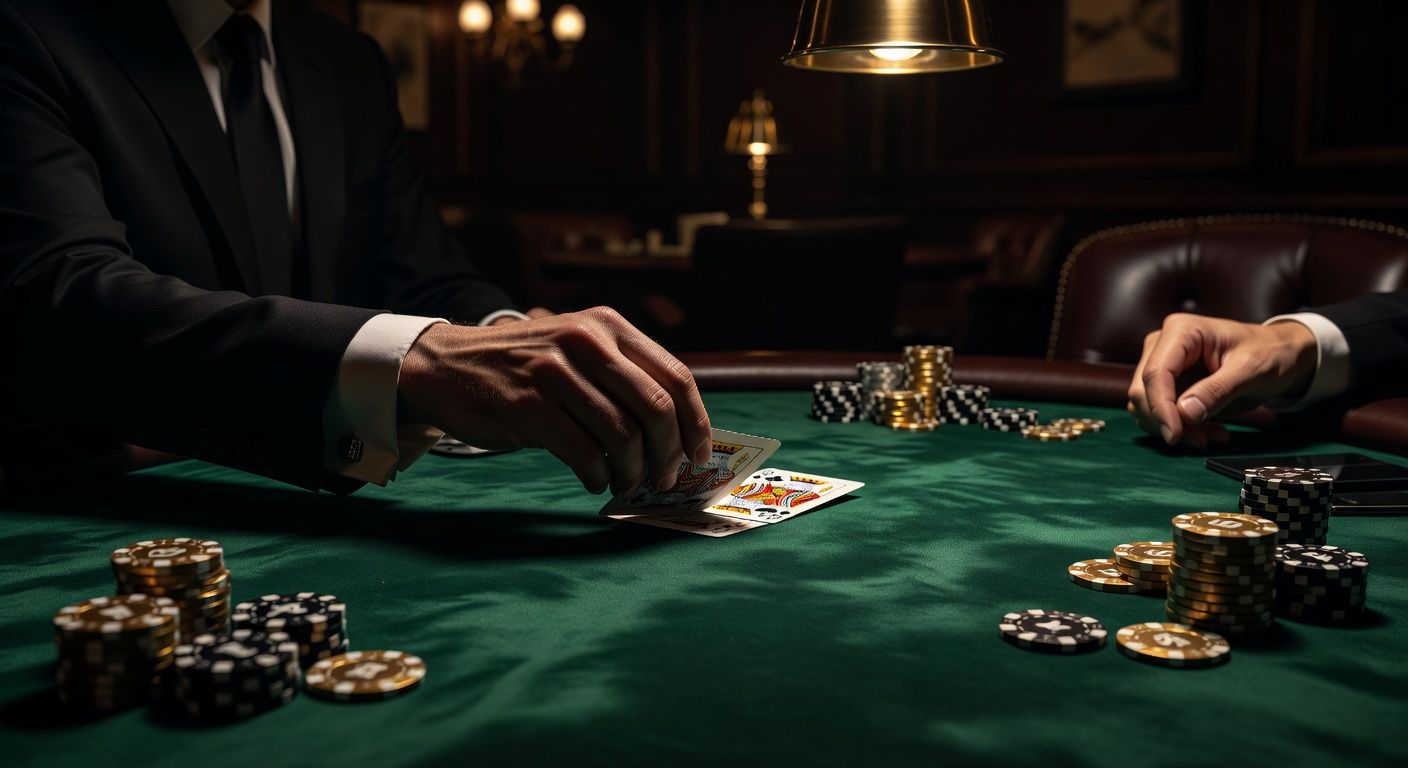 Close up of a player's hands sliding two King cards face down across a premium green poker felt towards the dealer, dramatic shadows, high-end casino atmosphere, luxury poker chips, no text or logos.