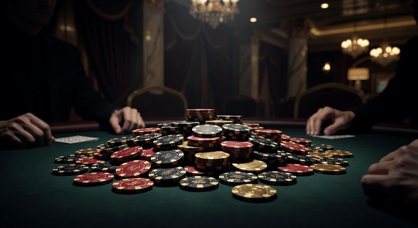 Cinematic close-up of a high-stakes poker table with premium clay chips pushed into the center, dramatic and moody lighting highlighting the tension of a massive bet, luxury casino environment, no text or logos.