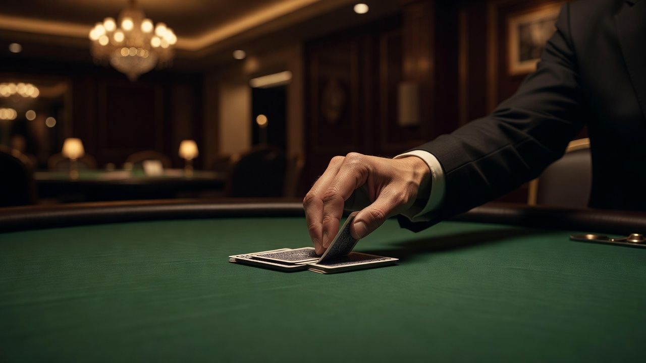 Elegant shot of a poker player's hand gracefully sliding two face-down cards into the <span class="glossary-term-inline" data-glossary-term="Muck" data-glossary-def="Gettare le carte nel mazzo senza mostrarle.">muck</span> on a pristine green felt table, conveying discipline and self-control, soft warm lighting, luxury casino atmosphere, no text or logos.