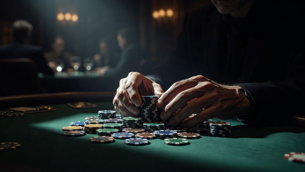 A close-up of a poker player's hands tightly gripping premium ceramic chips on a luxurious green felt table, dramatic and moody lighting highlighting the psychological tension, blurred high-end casino background, cinematic photography, no text or logos.