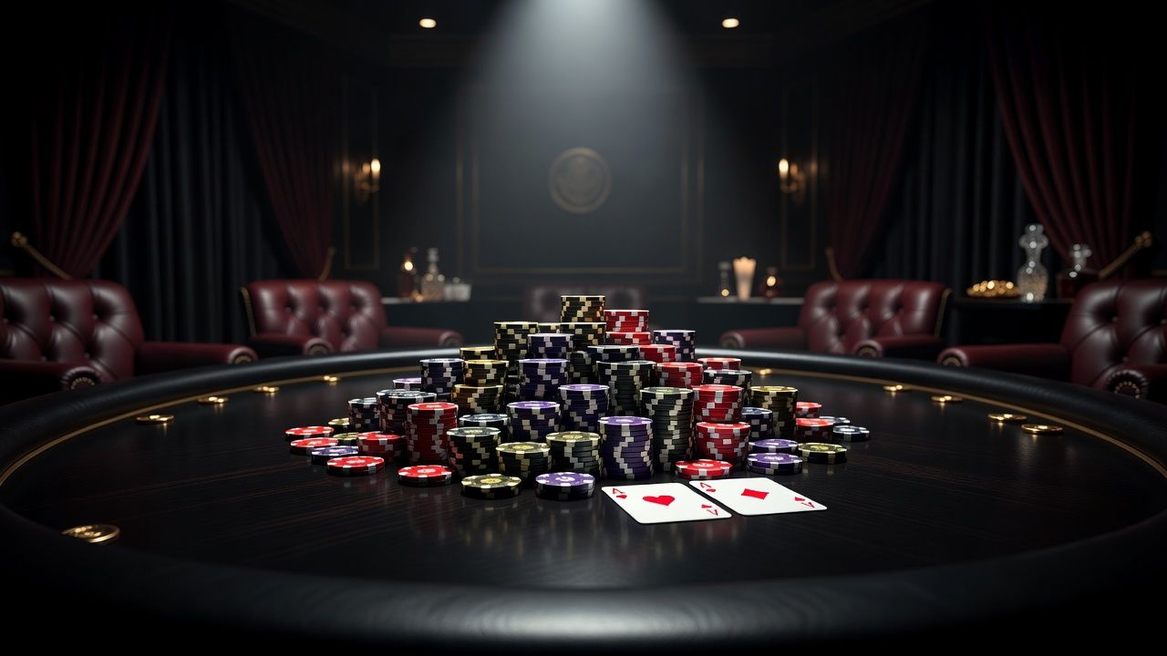 A massive pile of high-denomination casino chips pushed to the center of a sleek poker table, two red Aces face up next to the chips, dramatic spotlight from above, luxurious Las Vegas <span class="glossary-term-inline" data-glossary-term="High Roller" data-glossary-def="Torneo con iscrizione molto costosa riservato ai pro più ricchi o ai miliardari.">high roller</span> room atmosphere, cinematic depth of field, no text or logos.