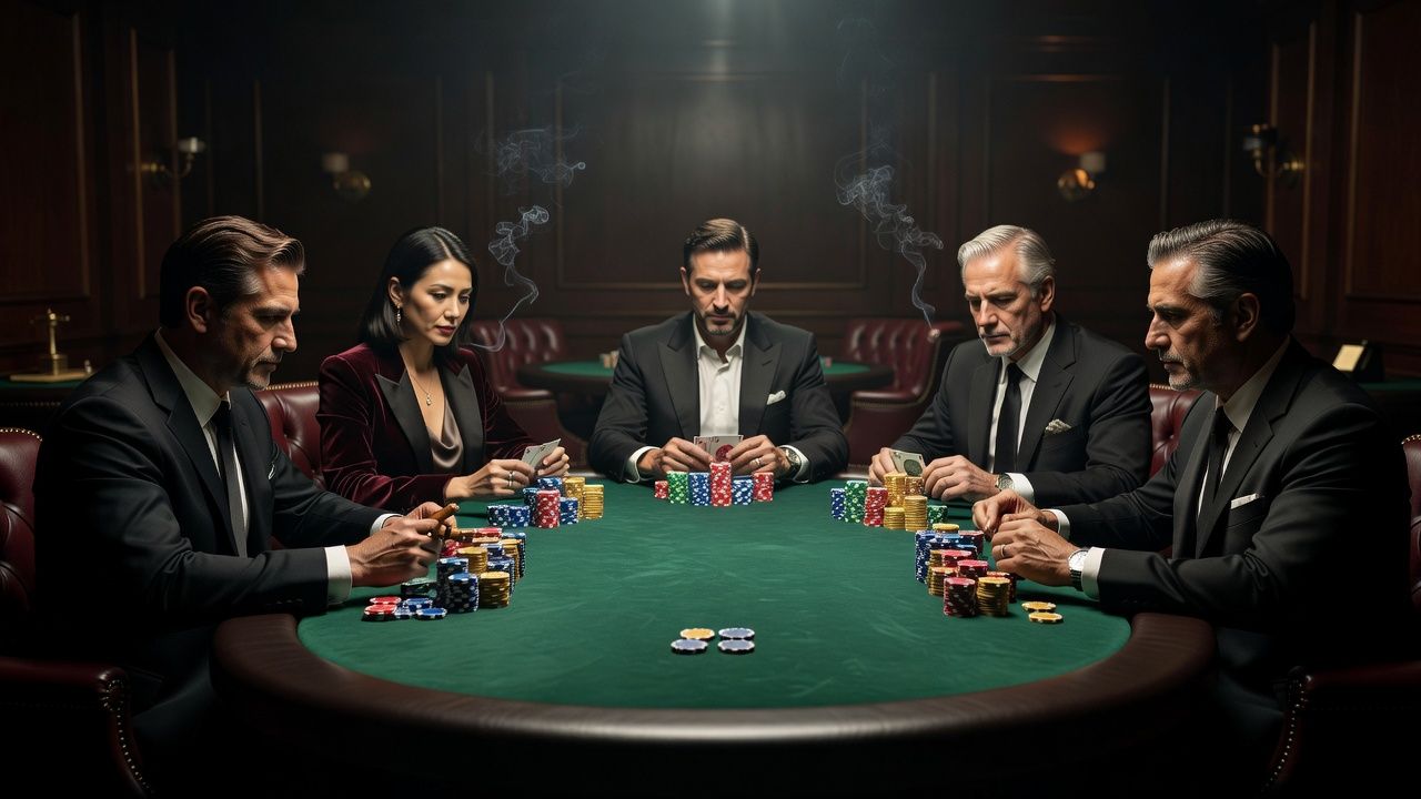A sleek, high-stakes poker room setting with professional players sitting around a dark green felt table, large stacks of colorful high-denomination chips, moody atmospheric lighting, luxury casino atmosphere, cinematic shot, no text, no logos.