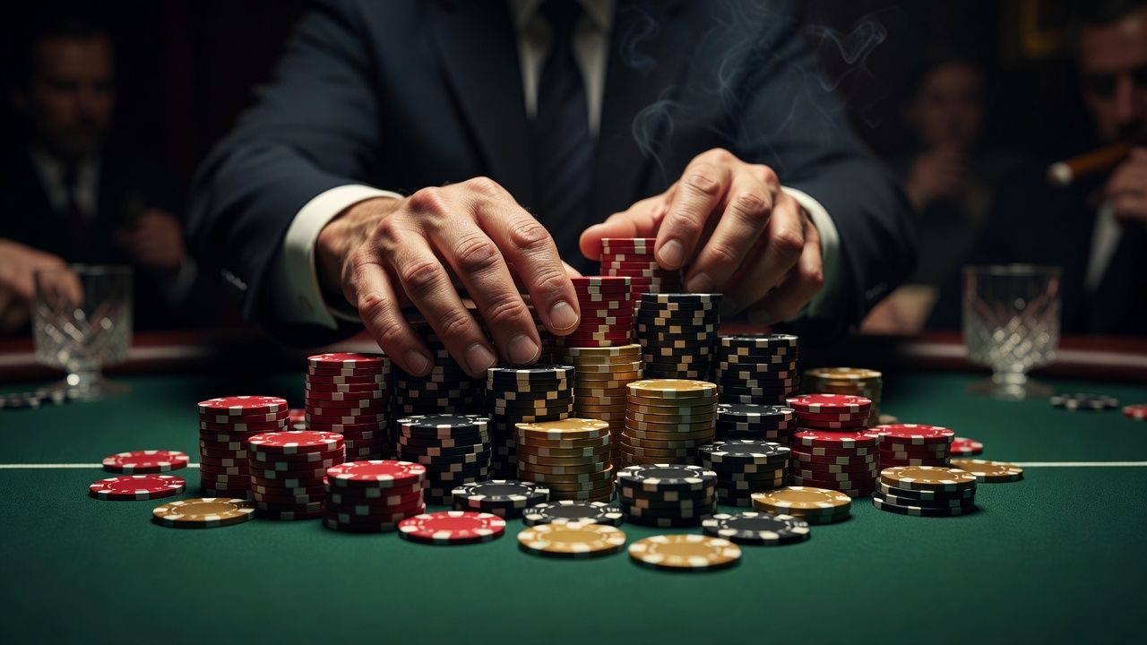 A dramatic close-up of a poker player's hands pushing a huge pile of high-denomination poker chips across the betting line for an <span class="glossary-term-inline" data-glossary-term="All-in" data-glossary-def="Mettere tutte le fiches nel piatto.">all-in</span> bet, dark cinematic ambient light, intense luxury poker game background, focus on the chips and high tension, no text, no logos.