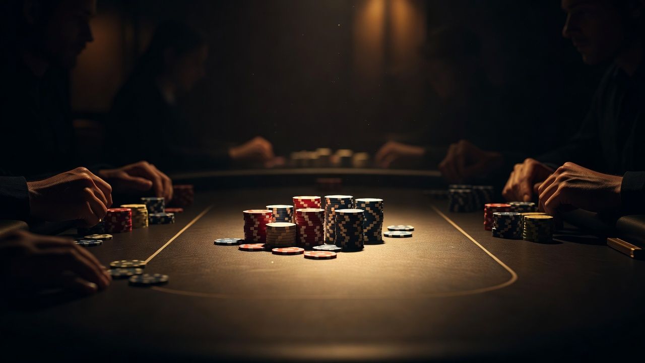 A dramatic high-stakes poker scene on a dark sleek felt table, focusing on small chip stacks bathed in warm atmospheric lighting, with cinematic depth of field creating a tense, focused tournament ambiance.