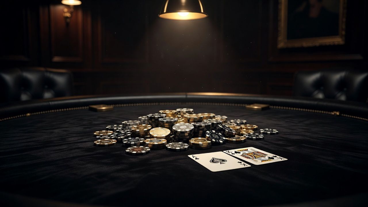 A luxurious poker table setup featuring an <span class="glossary-term-inline" data-glossary-term="All-in" data-glossary-def="Mettere tutte le fiches nel piatto.">all-in</span> situation with polished chips pushed into the center, playing cards revealing an Ace and King on premium felt under moody, elegant lighting.