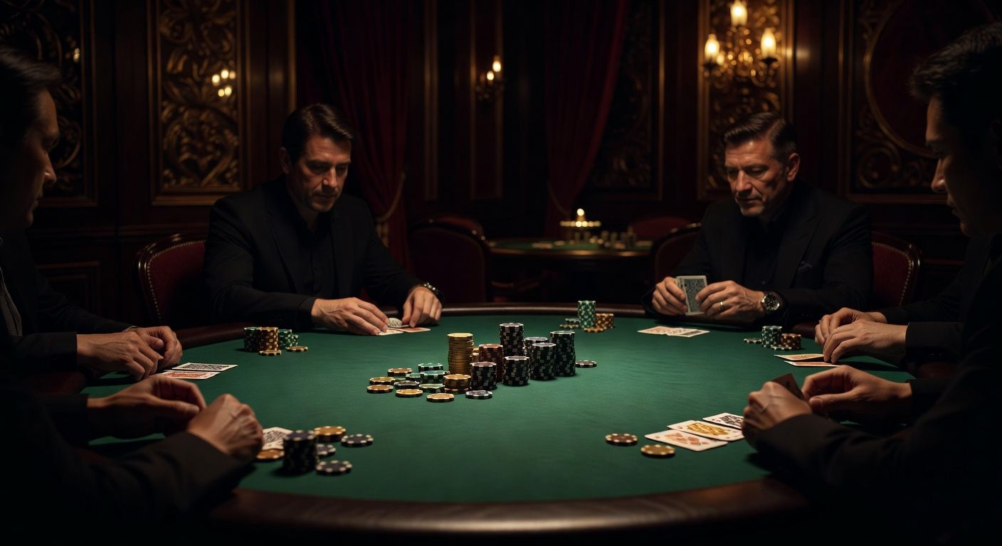 A luxurious high-stakes poker table in an exclusive Asian casino setting, featuring elegant clay chips, a pristine green felt, and cinematic moody lighting, capturing the tension and prestige of a professional tournament. No text, no logos.