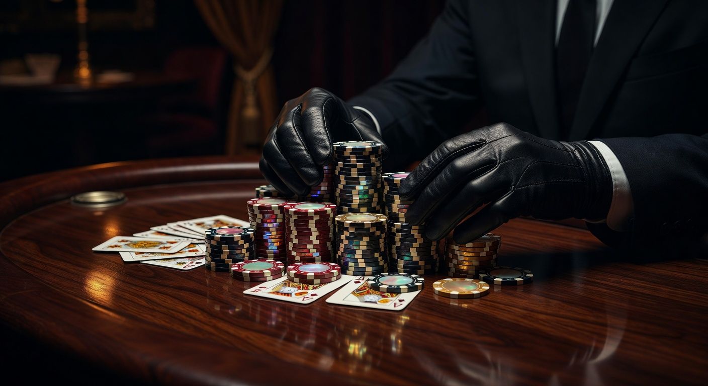 Close-up of a sophisticated poker player's hands arranging a massive stack of premium casino chips next to a mix of different poker cards, rich mahogany table <span class="glossary-term-inline" data-glossary-term="Edge" data-glossary-def="Il vantaggio competitivo che hai su un altro giocatore o su un intero tavolo.">edge</span>, dark and luxurious atmosphere, shallow depth of field. No text, no logos.