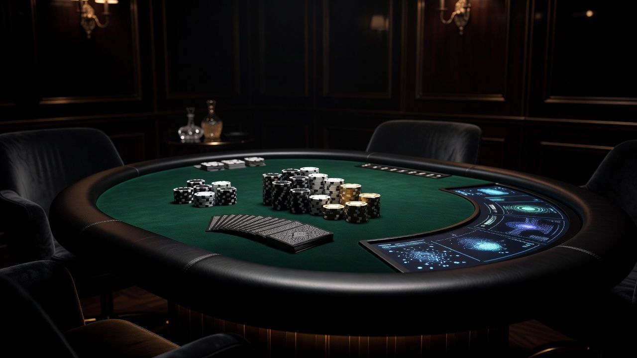 A sleek, high-end poker setup in a dark luxury VIP suite. A high-stakes green felt table features premium ceramic chips and playing cards, adjacent to a modern glowing digital interface displaying subtle AI data visualization, cinematic mood lighting, no text or logos.