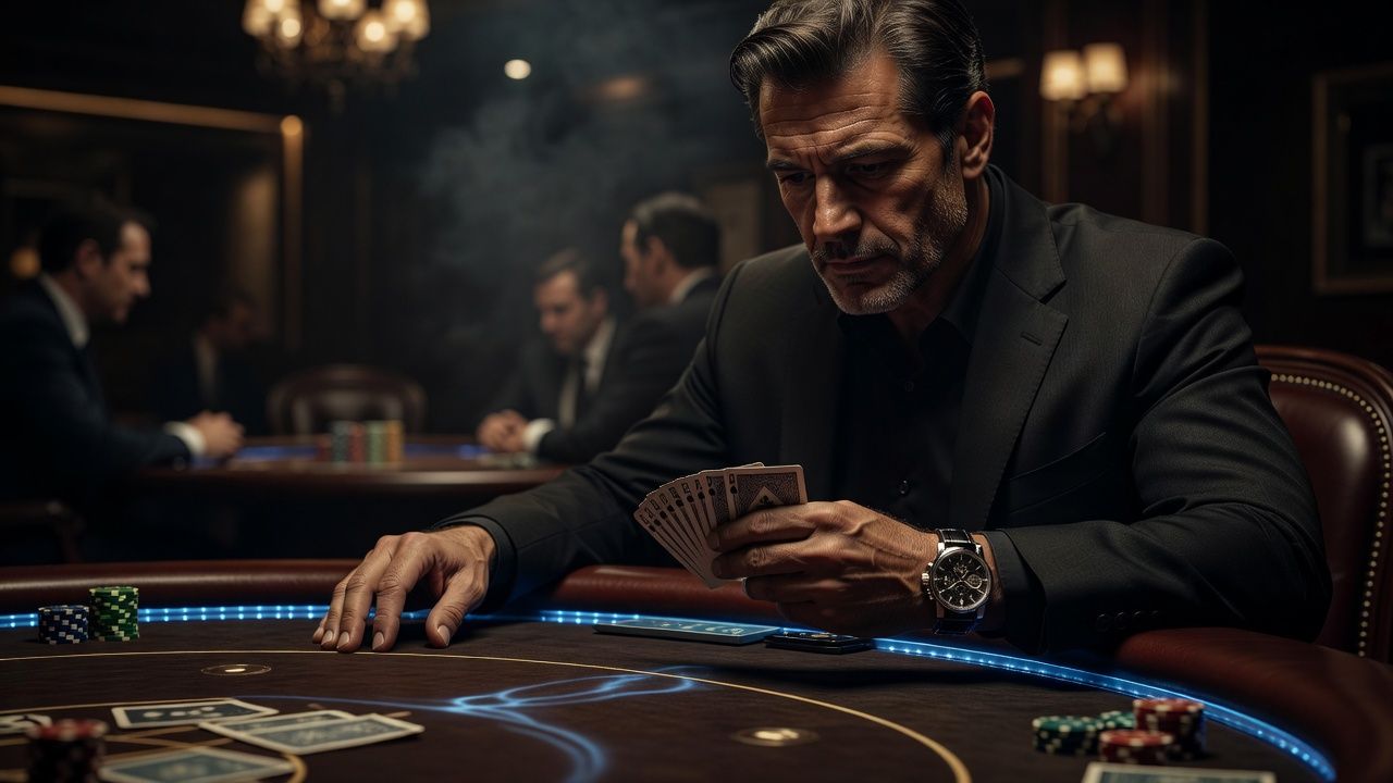 A focused poker player wearing a luxury timepiece at an elegant poker table, contemplating a hand with subtle futuristic blue ambient light reflections on the felt surface, dark atmospheric high-stakes casino aesthetic, no text or logos.