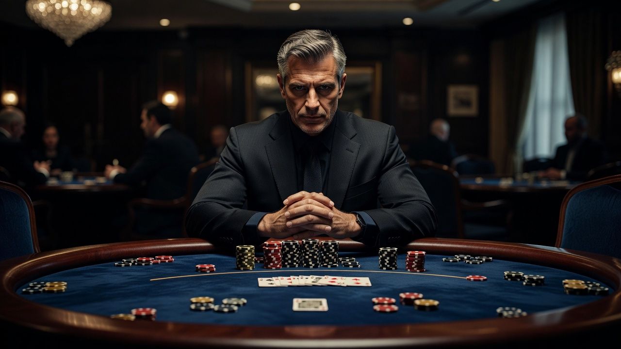 Cinematic shot of a professional poker player sitting at an elegant high-stakes poker table with dark mahogany wood and deep blue felt. Soft moody lighting focusing on pristine chips and cards, capturing a moment of deep strategic thought and mental focus. High-end luxury casino style, no text, no logos.