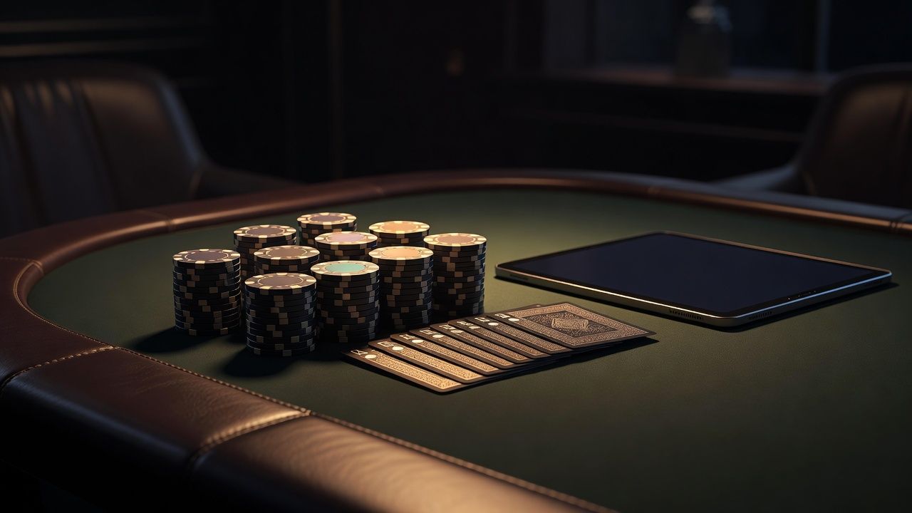 Modern high-end poker practice setting featuring neatly arranged stacks of premium ceramic chips, playing cards, and a sleek modern digital device on a dark green leather-trimmed table. Cinematic warm lighting emphasizing a clean, analytical atmosphere. Luxury style, no text, no logos.