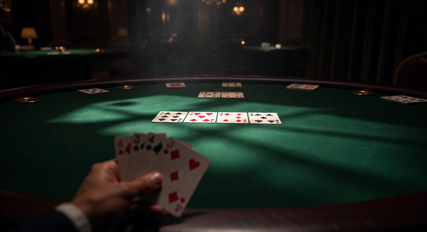 A dramatic close-up of a luxurious poker table under cinematic lighting. The <span class="glossary-term-inline" data-glossary-term="Community Cards" data-glossary-def="Le carte comuni sul tavolo.">community cards</span> reveal four of a kind, with a player's hand showing a flush in the blurred foreground. High-end casino atmosphere, rich green felt, no text or logos.