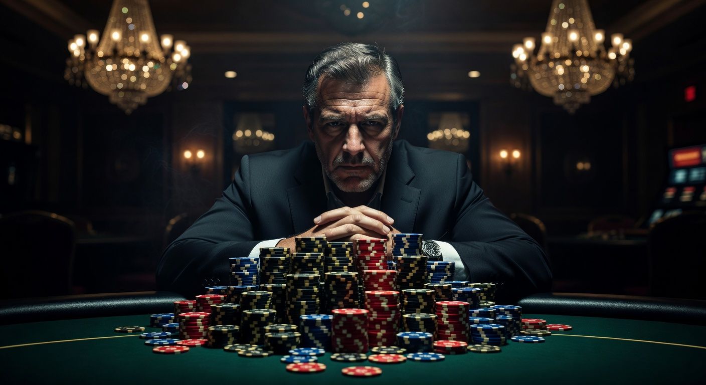 A professional poker player sitting at a high-stakes casino table, deep in thought, staring at a massive pile of casino chips. Cinematic lighting, luxurious background with blurred chandeliers, intense and dramatic atmosphere, no text or logos.