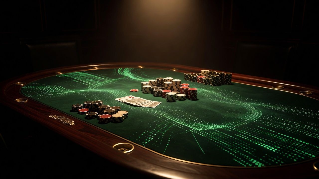 A high-end, cinematic shot of a luxurious poker table. A subtle, glowing digital matrix effect blends into the premium green felt, contrasting with elegant physical clay chips and playing cards. Dramatic, moody lighting, dark background, no text or logos.