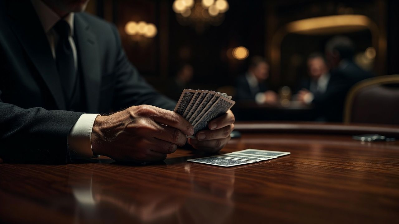 A close-up of a sophisticated poker player's hands resting on a premium mahogany poker table, holding high-quality playing cards. A blurred background with warm, luxurious casino lighting. The atmosphere is tense but focused, emphasizing human concentration and <span class="glossary-term-inline" data-glossary-term="Mental Game" data-glossary-def="La parte del poker che succede dentro la tua testa: disciplina, nervi saldi e pazienza.">mental game</span>. No text or logos.