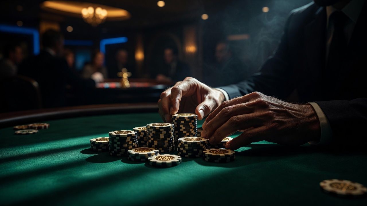 A close-up of a professional poker player's hands carefully arranging a medium-sized stack of premium casino chips on a luxurious green felt table, dramatic casino lighting, blurred background, high-end cinematic style, no text or logos.