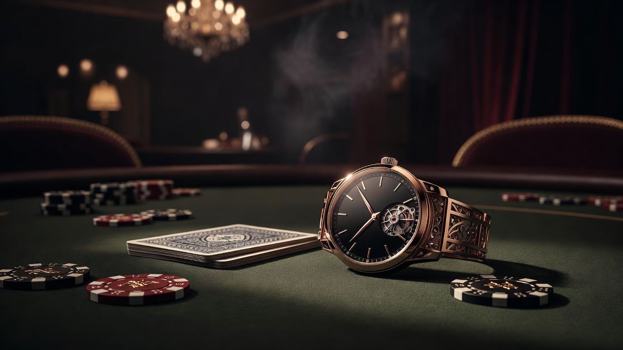 An elegant luxury mechanical watch resting on a high-end poker table next to two face-down pocket cards and a few high-value chips, moody and sophisticated casino atmosphere, cinematic lighting, no text or logos.