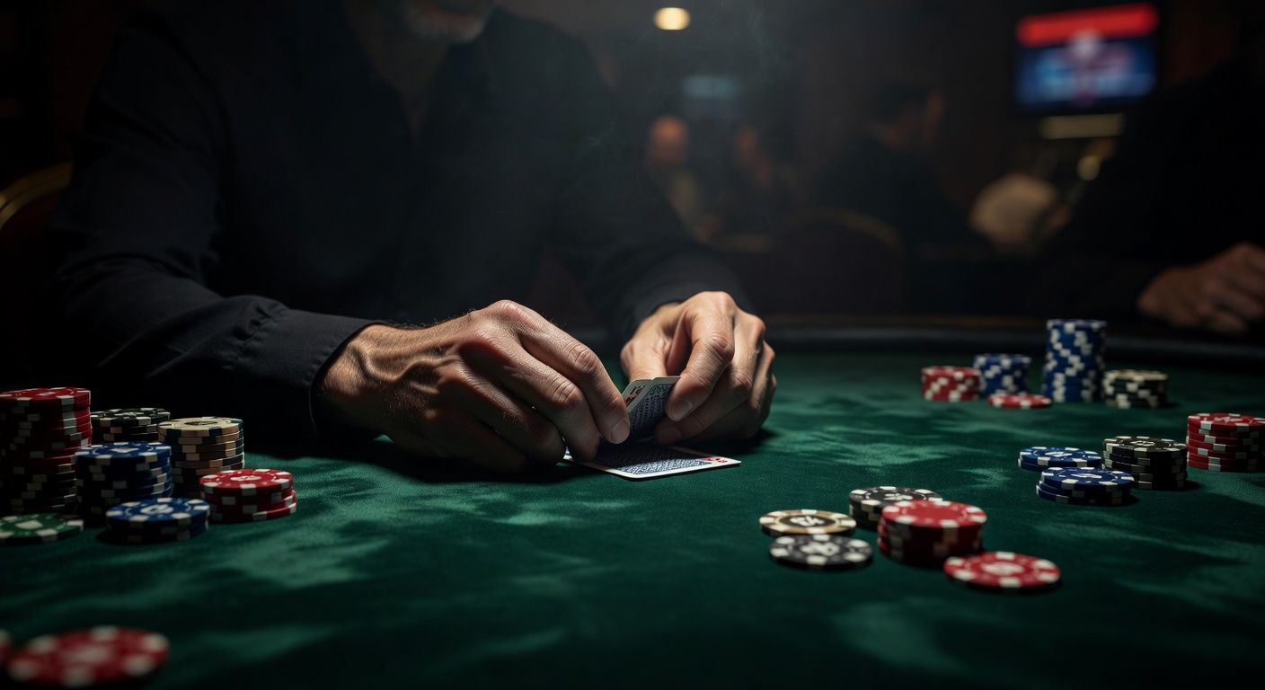Close-up of a poker player's hands subtly folding two cards face down on a luxurious green felt table, surrounded by high-quality clay poker chips under dramatic, moody casino lighting. Cinematic atmosphere, no text, no logos.