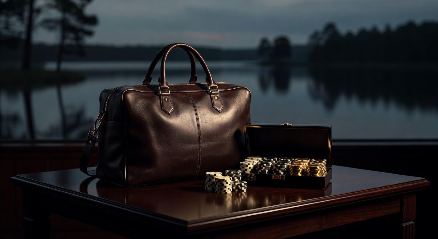 A luxurious leather weekender bag resting next to a high-end poker chip <span class="glossary-term-inline" data-glossary-term="Set" data-glossary-def="Tris fatto con una coppia in mano e una carta sul board. Molto forte e ben nascosto.">set</span> on a dark mahogany table, with a blurred scenic view of a dark, elegant lake through a window in the background. Cinematic lighting, luxury lifestyle, no text, no logos.