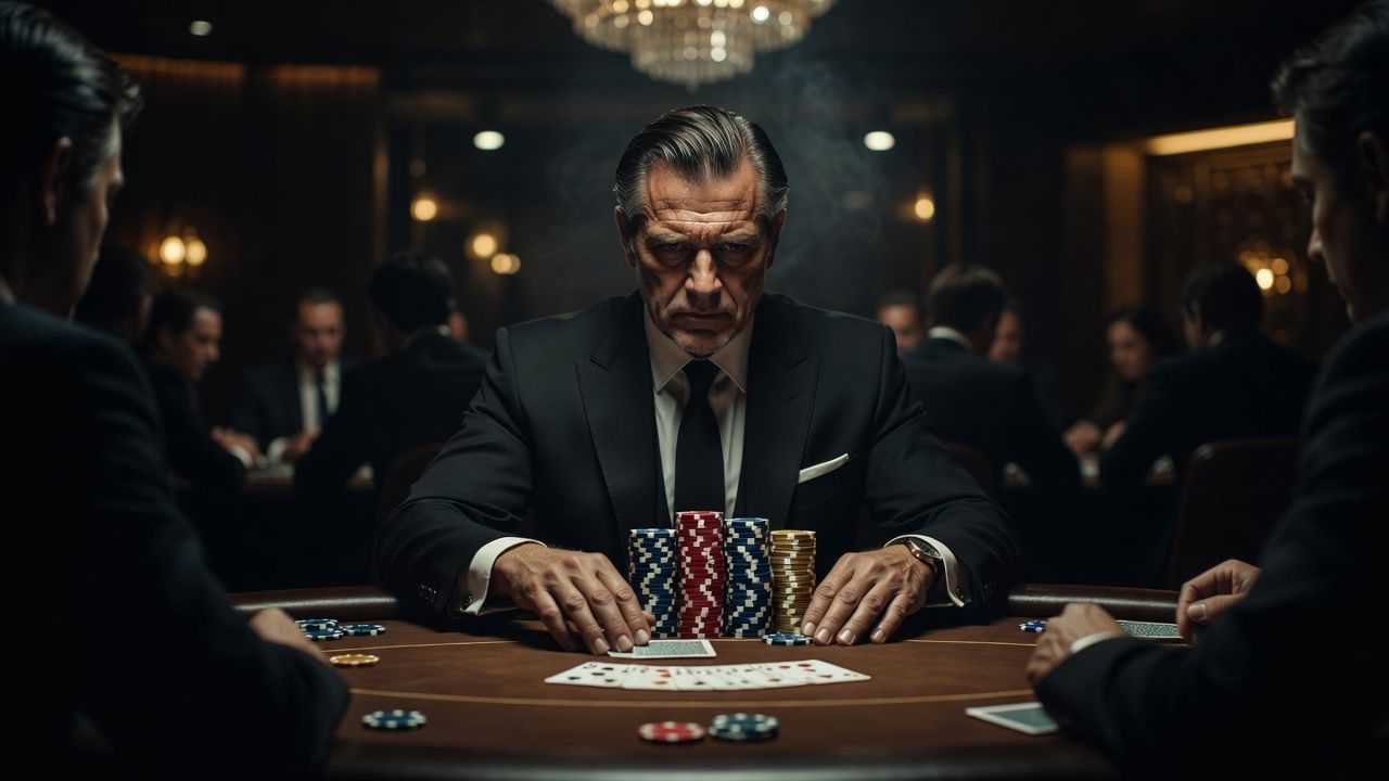 Cinematic close-up of a focused high-stakes poker player at an elegant casino table, considering a difficult decision under soft, dramatic spotlight, with high-value stacks of chips in front, luxury modern poker atmosphere, no text or logos.