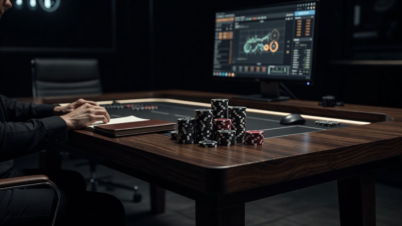 A sophisticated, moody poker player workstation at night with dark oak aesthetics, sleek ambient lighting, blurred analytical charts glowing on a monitor in the background, a stack of premium poker chips beside a notebook, modern high-end studio setting, no text or logos.