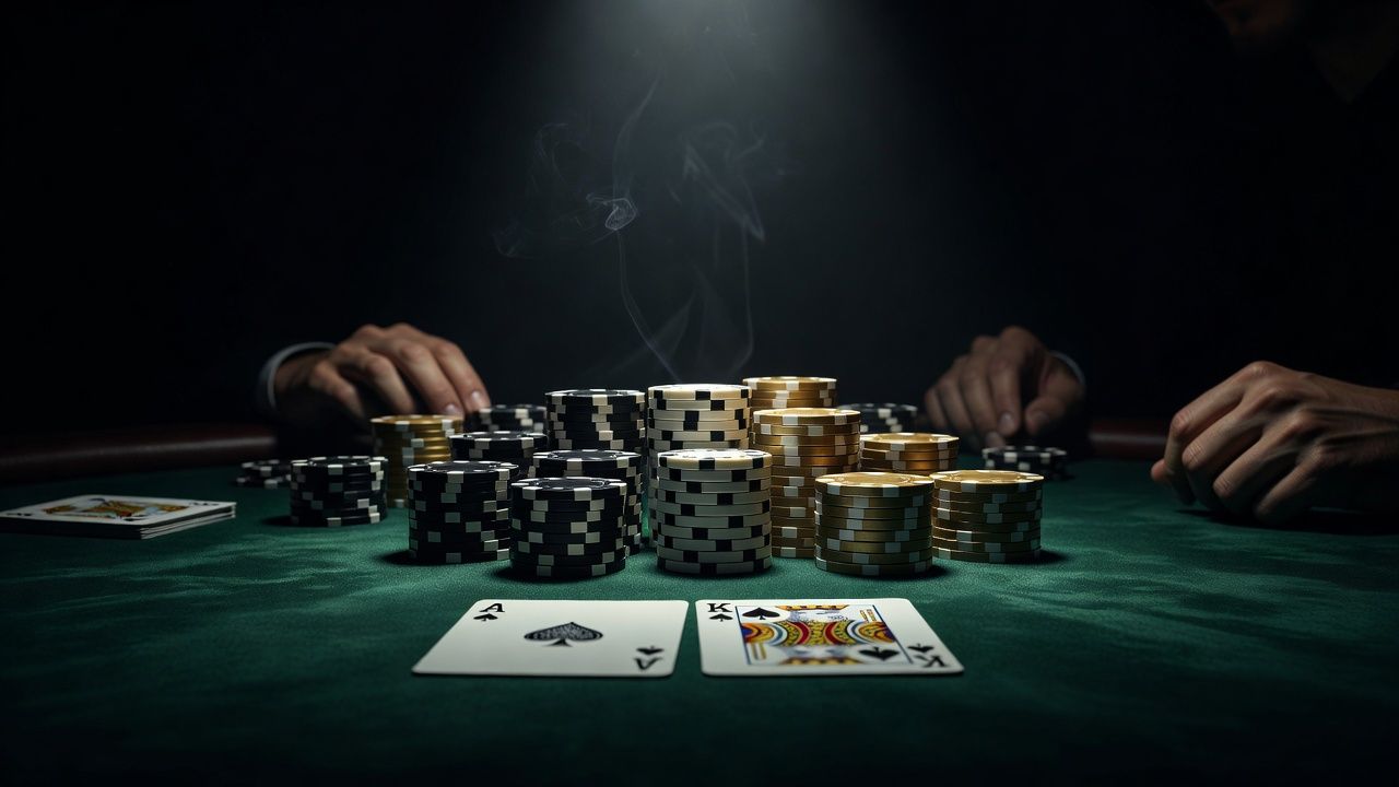 A close-up of a high-stakes poker game in progress on a luxurious green felt table, featuring Ace and King cards dealt in front of neatly stacked premium poker chips, moody cinematic lighting, photorealistic, no text or logos.