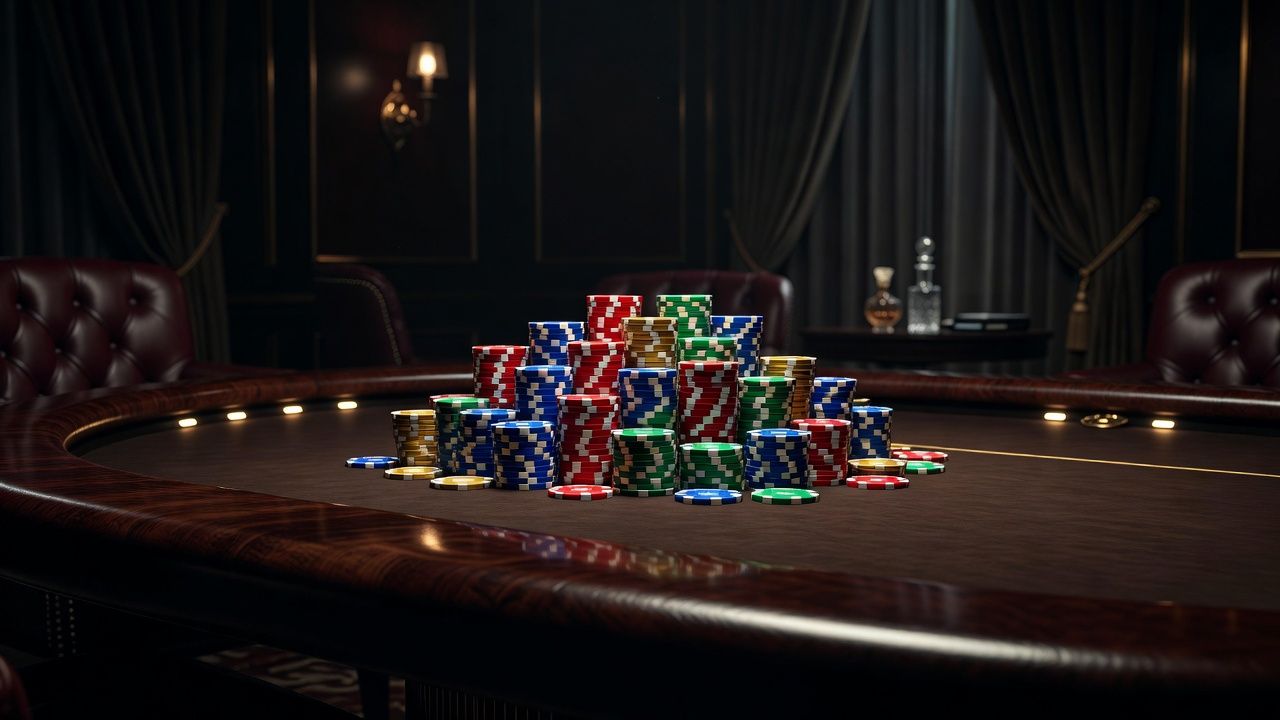 An elegant cash game poker table inside an exclusive casino room, showing deep stacks of colorful high-denomination chips, polished wooden table <span class="glossary-term-inline" data-glossary-term="Edge" data-glossary-def="Il vantaggio competitivo che hai su un altro giocatore o su un intero tavolo.">edge</span>, subtle ambient lighting, photorealistic luxury poker style, no text or logos.