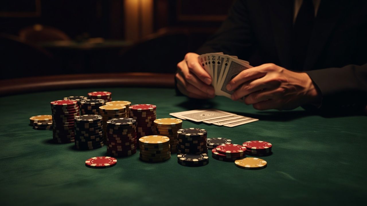 A close-up of a luxurious casino poker table with premium clay chips stacked neatly. A professional dealer's hands are visible dealing cards under warm, elegant casino lighting. The atmosphere is high-end, moody, and sophisticated, with no text or logos.