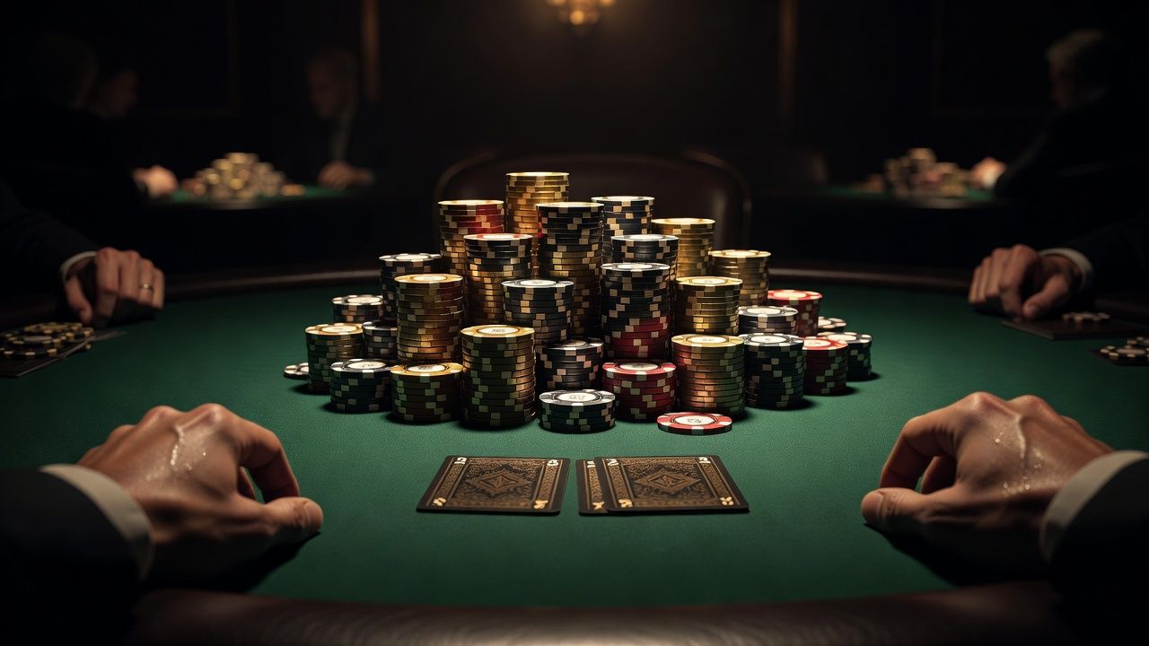 A cinematic shot of a poker player's perspective looking at a massive pot of high-value casino chips in the center of a pristine green felt table. Two premium <span class="glossary-term-inline" data-glossary-term="Hole Cards" data-glossary-def="Le tue due carte coperte.">hole cards</span> are face down near the chips. Dramatic, moody lighting highlighting the tension and luxury of a high-stakes <span class="glossary-term-inline" data-glossary-term="Cash Game" data-glossary-def="Partita dove le fiches sono soldi veri e puoi alzarti quando vuoi.">cash game</span>, no text or logos.