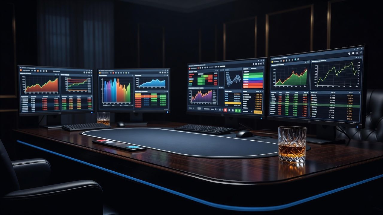 High-stakes dark room setup with multiple high-end computer monitors displaying complex <span class="glossary-term-inline" data-glossary-term="Online Poker" data-glossary-def="Il poker giocato su internet tramite siti o app.">online poker</span> software and charts. Luxury dark wood desk, subtle ambient blue glowing lights, a glass of premium whiskey on the side, cinematic moody lighting, hyper-realistic, no text or logos.