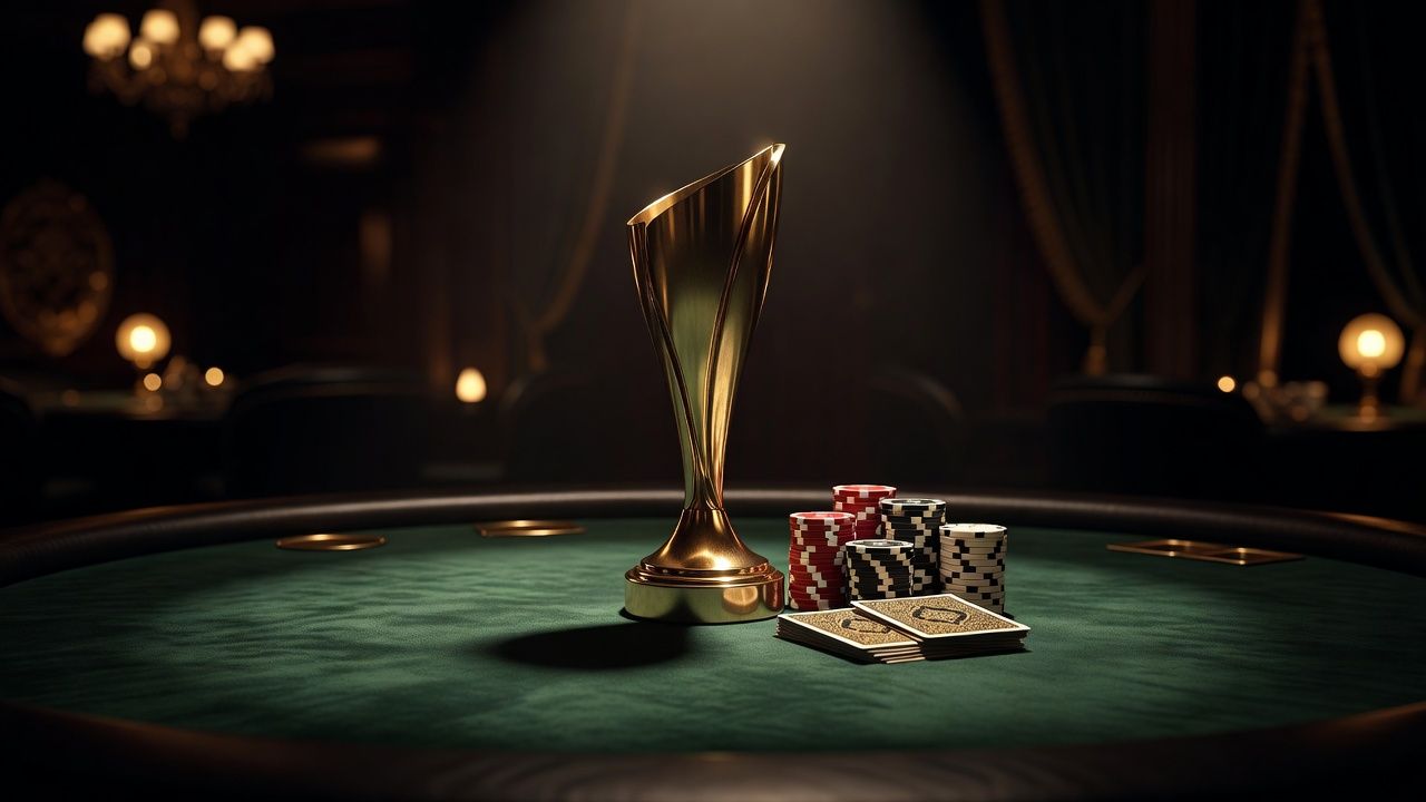 A sleek, gold poker tournament championship trophy sitting on a luxurious dark green felt poker table. High-value casino chips neatly stacked beside face-down playing cards, dramatic spotlighting creating elegant shadows, high-end casino atmosphere, soft background bokeh, ultra-realistic photography without text or logos.
