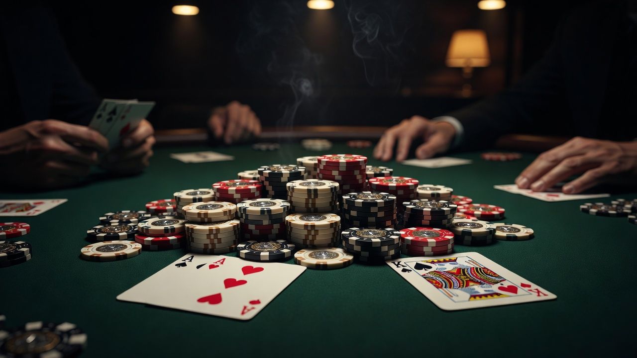 A close-up shot of a high-stakes poker table under studio lighting with a massive pile of luxury chips, displaying pocket Aces next to pocket Kings on dark green felt, moody cinematic lighting, shallow depth of field, no text, no logos.