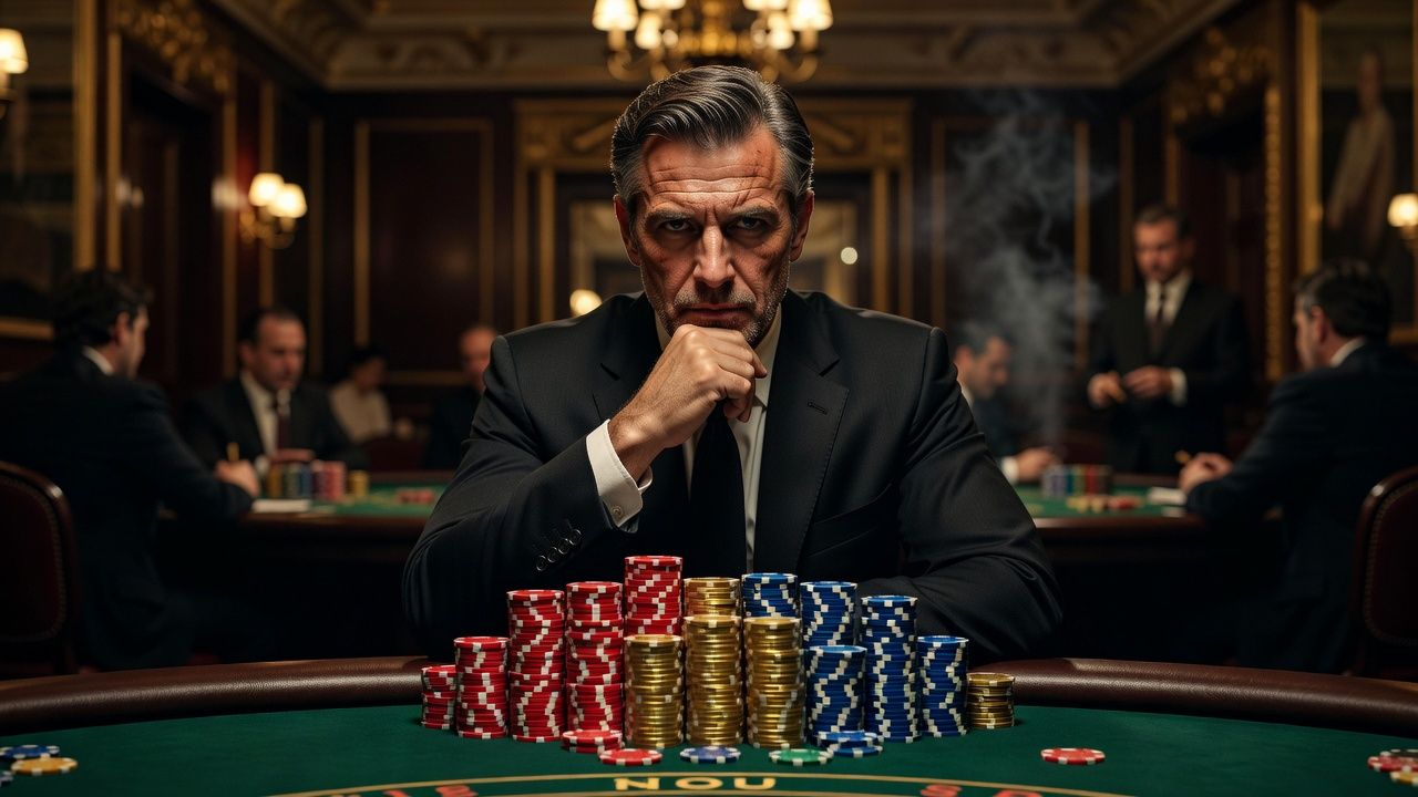 A professional poker player sitting thoughtfully at a high-end casino table, looking at stacks of colorful poker chips under soft cinematic lighting in an elegant European casino atmosphere, no text, no logos.