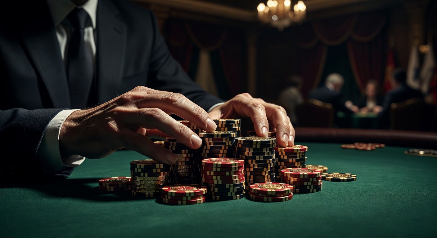 A close-up of a player's hands pushing a large stack of premium casino chips forward on a green felt table, dramatic cinematic lighting, blurred background of a luxurious poker room, high-end photography, no text or logos.