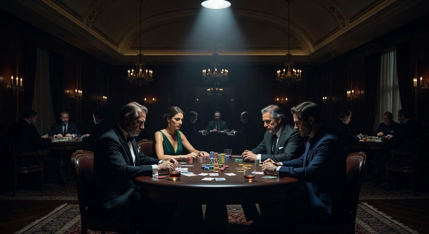 A wide shot of a dimly lit, elegant poker tournament room late at night, a single spotlight illuminating the <span class="glossary-term-inline" data-glossary-term="Final Table" data-glossary-def="Il tavolo finale di un torneo. Dove si decidono i premi veri.">final table</span>, players in deep concentration, luxurious casino atmosphere, cinematic and moody lighting, no text or logos.