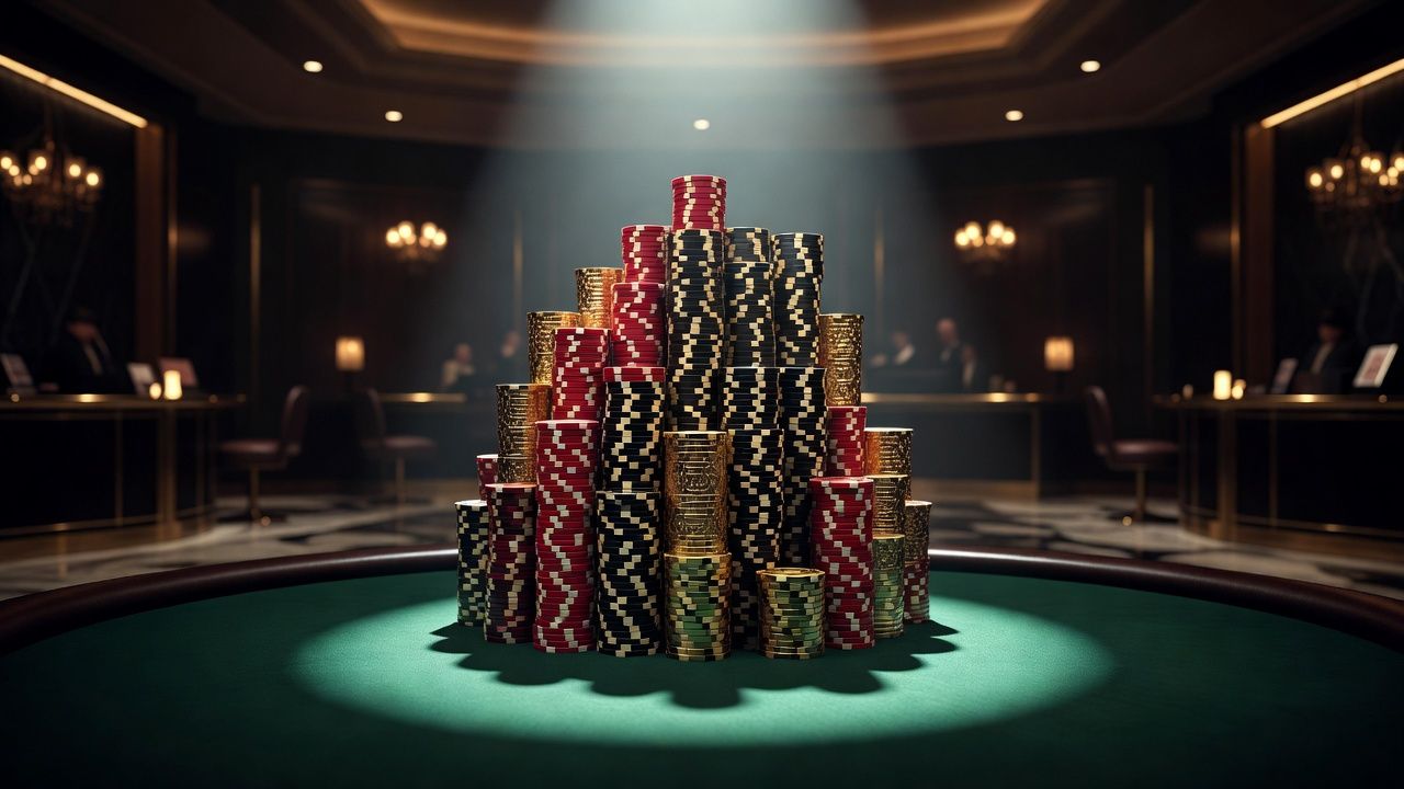 Cinematic shot of a massive stack of high-value casino chips towering on a green felt poker table under dramatic spotlighting, sleek luxury casino environment, soft bokeh background, warm ambient lighting, no text or logos.