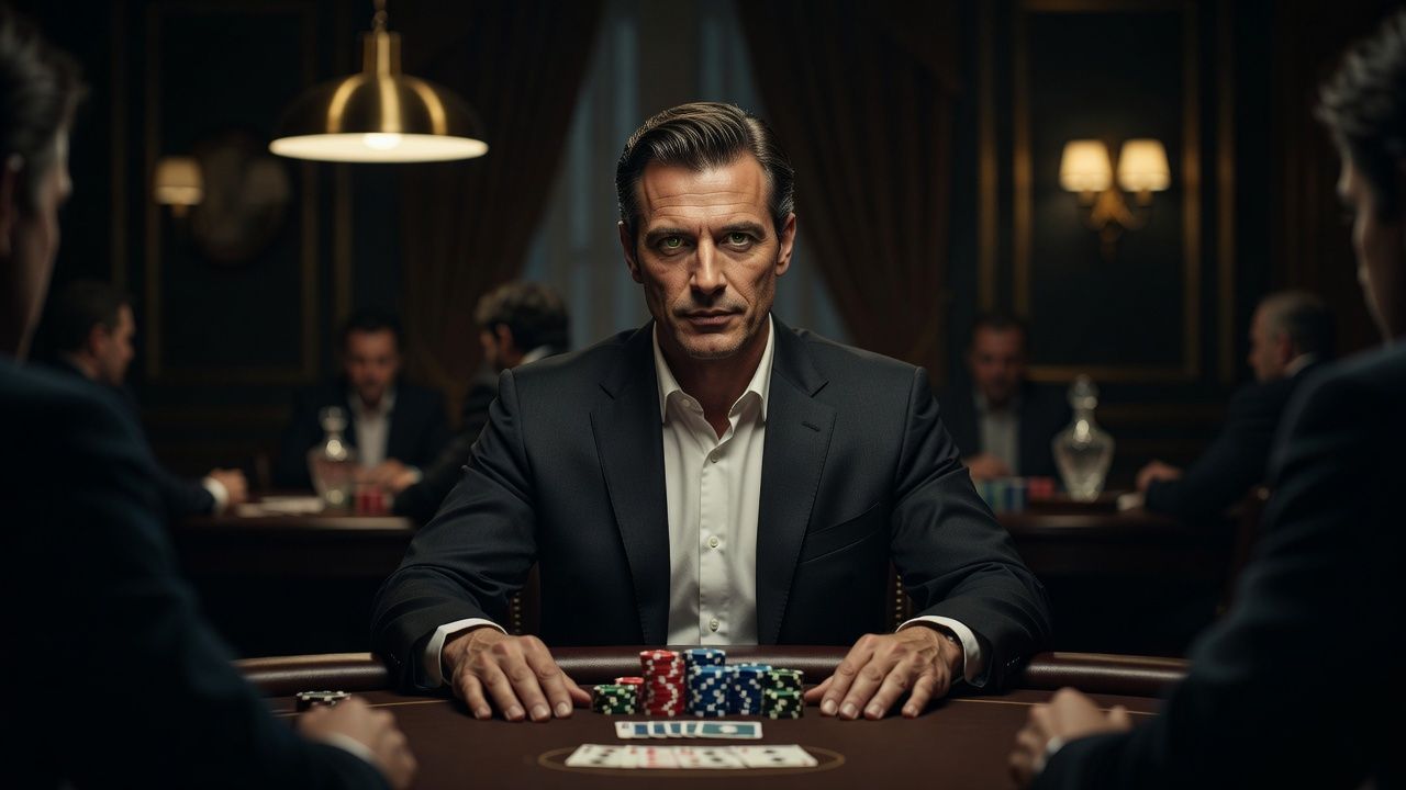 A calm and intensely focused professional poker player sitting at a high-stakes tournament table in a luxury card room, contemplating his next move with a subtle confident demeanor, moody atmospheric light, cinematic shallow depth of field, no text or logos.