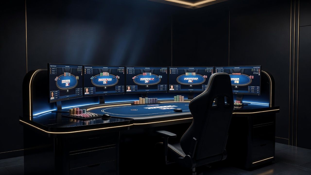 A luxury high-end <span class="glossary-term-inline" data-glossary-term="Online Poker" data-glossary-def="Il poker giocato su internet tramite siti o app.">online poker</span> gaming station in a dark modern room, featuring a sleek multi-monitor display showing numerous online poker tables with ambient LED backlighting in deep blue and gold hues. Sophisticated high-stakes poker atmosphere, cinematic photorealistic lighting, no text, no logos.