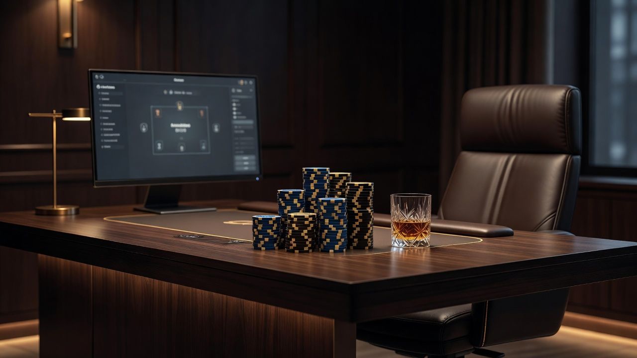 An elegant, organized high-stakes poker office setup featuring a single sleek ultrawide monitor on a dark walnut desk. A modern, calm atmosphere with warm mood lighting, stacked premium ceramic poker chips, a crystal glass, and a comfortable leather executive chair. Photorealistic luxury aesthetic, no text, no logos.