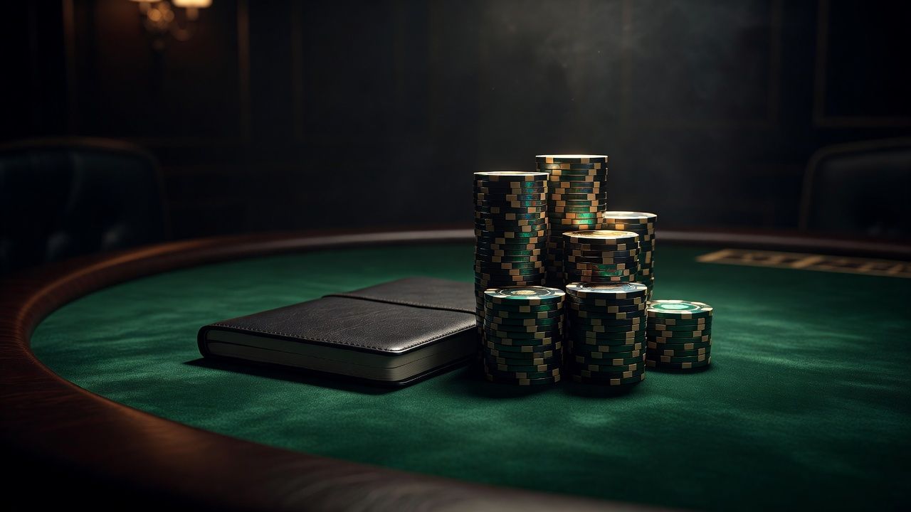 A cinematic close-up of a massive stack of high-denomination casino chips next to a sleek, dark leather notebook on a premium green felt poker table, dramatic lighting highlighting the luxury and high-stakes atmosphere, no text or logos.