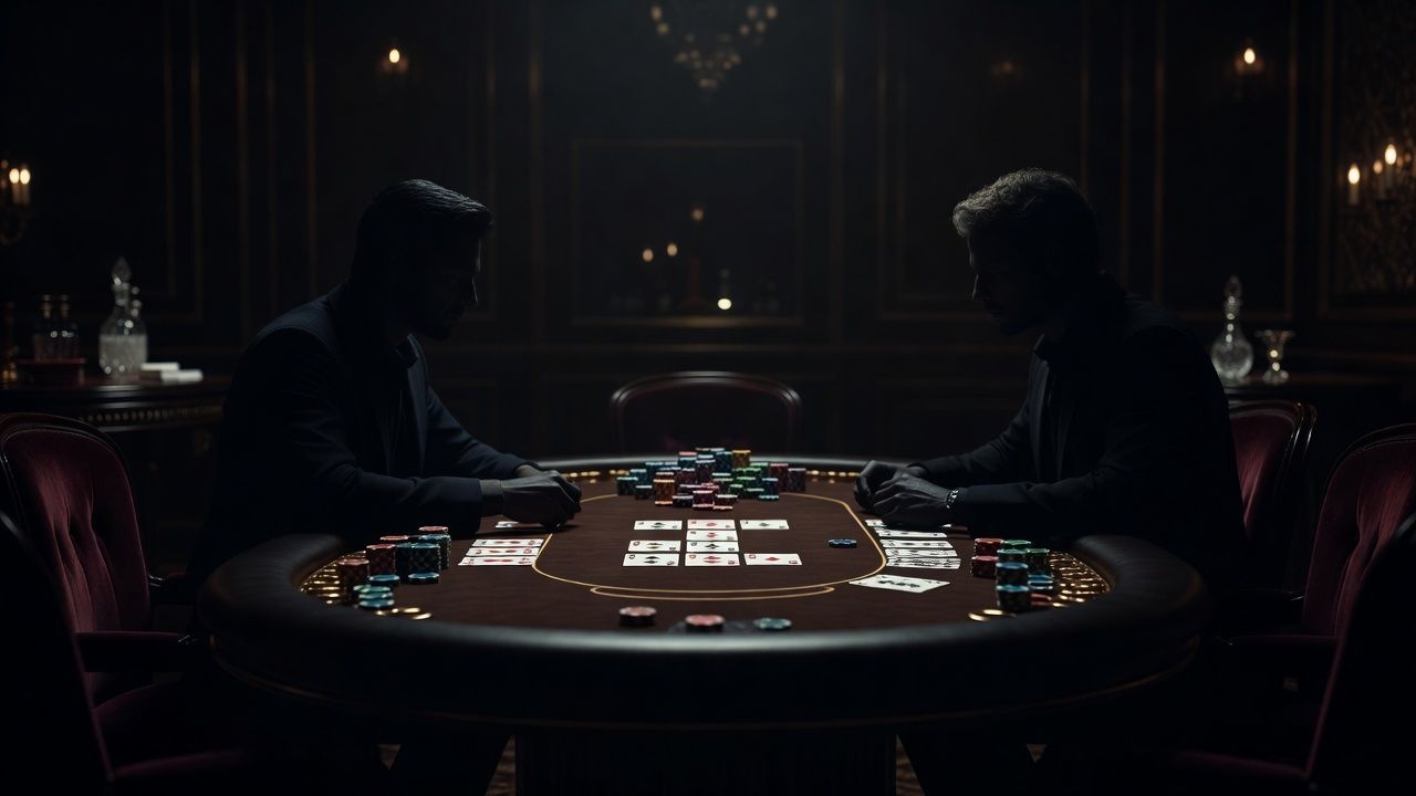 Two blurred silhouettes of poker players facing each other across a luxurious poker table in a dimly lit, high-end casino room, focus on the sharp, crisp <span class="glossary-term-inline" data-glossary-term="Community Cards" data-glossary-def="Le carte comuni sul tavolo.">community cards</span> and a large pot of chips in the center, conveying intense psychological rivalry, cinematic lighting, no text or logos.