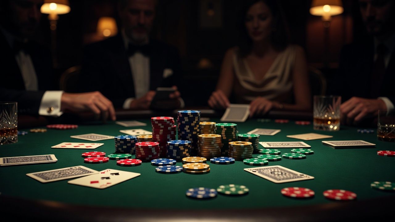 A high-stakes luxury poker table under dramatic dark lighting. Stacks of colorful casino chips and playing cards dealt on a deep green felt surface, captured in a cinematic close-up with shallow depth of field, elegant high-roller atmosphere, no text or logos.