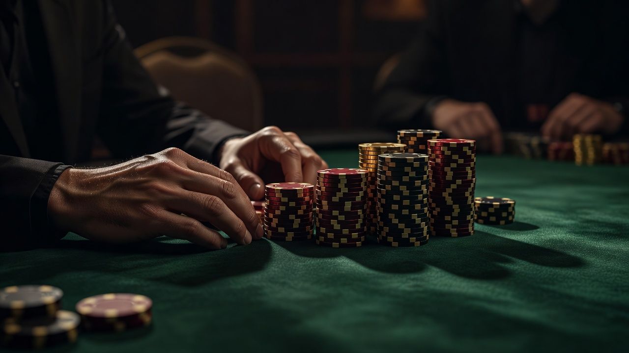 A sleek, moody shot of a poker player's hands at a luxury felt table next to large stacks of high-value chips. Soft ambient lighting creating a sophisticated and strategic high-stakes tournament mood, focus on the chips and table <span class="glossary-term-inline" data-glossary-term="Texture" data-glossary-def="Com'è "fatto" il board. Se le carte sono vicine e dello stesso colore, la texture è "pesante" o "bagnata".">texture</span>, no text or logos.