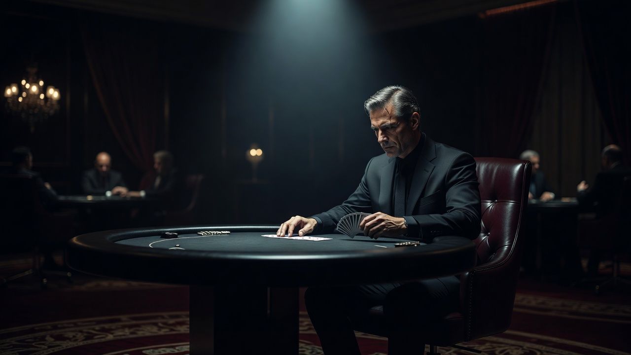A focused professional poker player sitting at a sleek, dark high-stakes poker table under focused dramatic lighting, contemplating a move, cinematic luxury atmosphere.
