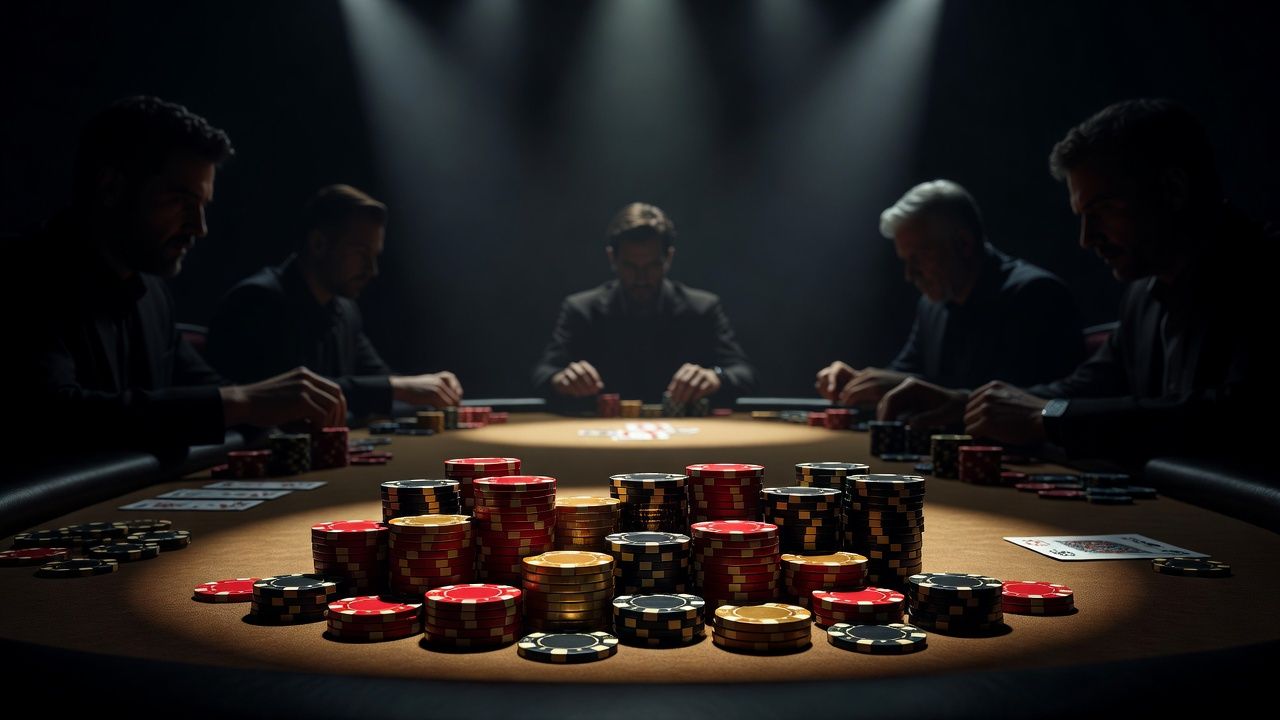 A vibrant high-stakes poker <span class="glossary-term-inline" data-glossary-term="Final Table" data-glossary-def="Il tavolo finale di un torneo. Dove si decidono i premi veri.">final table</span> arena with large stacks of luxury casino chips in the foreground, illuminated by sophisticated spot lighting.