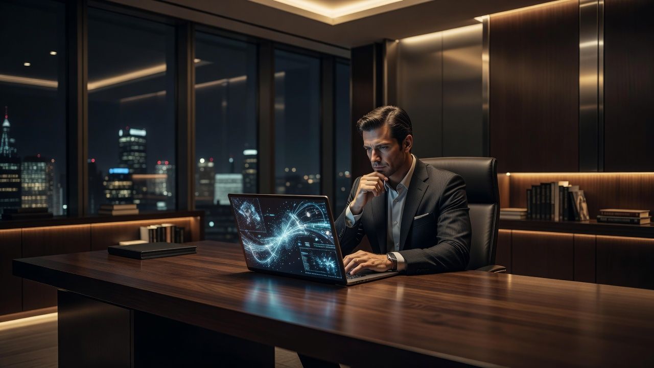 A professional poker player studying game strategy in a modern luxurious high-end office at night. A sleek laptop on a dark oak desk displays glowing abstract data visualisations, with warm ambient LED lighting creating a sophisticated aesthetic, photorealistic, cinematic depth of field, no text, no logos.
