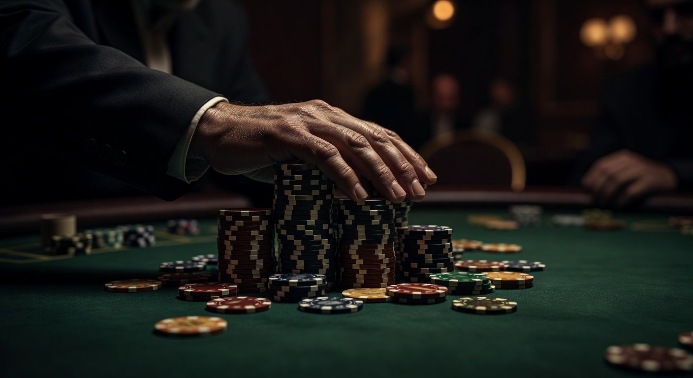 A cinematic close-up of a poker player's hands aggressively pushing a massive stack of premium ceramic chips into the center of a luxurious casino table. Dramatic, moody lighting with deep shadows, highlighting the glossy finish of the chips. The background is elegantly blurred, conveying a sense of intense but reckless <span class="glossary-term-inline" data-glossary-term="Action" data-glossary-def="Il turno di gioco, o genericamente una partita movimentata ("c'è molta action a questo tavolo").">action</span>. High-end aesthetic, no text, no logos.