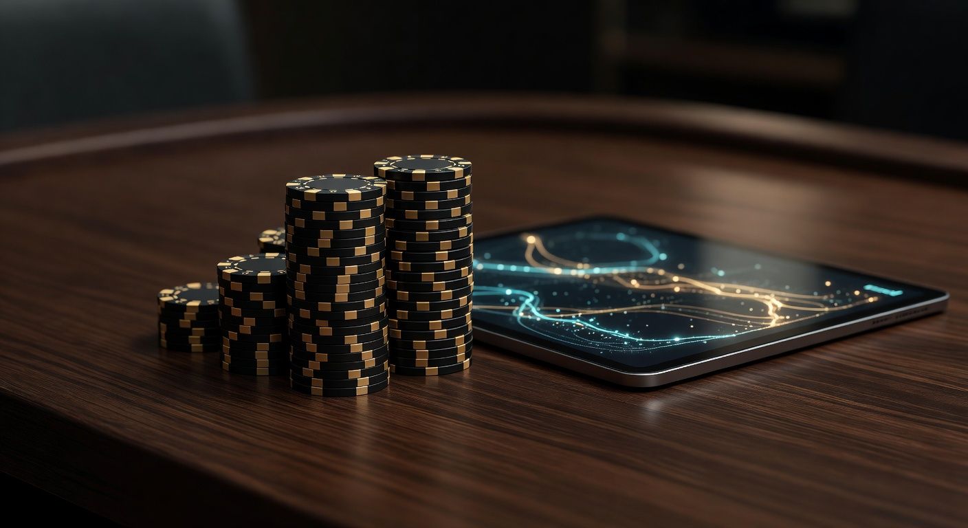 A sleek, high-end poker setup featuring a perfectly organized stack of luxury casino chips next to a modern tablet displaying abstract glowing charts and data lines. Elegant dark wood table, soft ambient lighting creating a calm and disciplined atmosphere. High-end luxury aesthetic, sharp focus, no text, no logos.