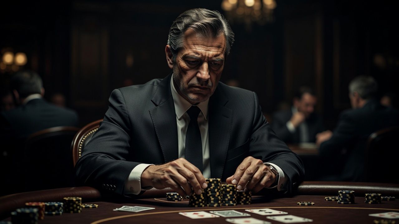 A dramatic close-up of a professional poker player sitting at an elegant high-stakes casino table under cinematic, moody lighting, hesitating with hands near a stack of high-value chips during a high-tension hand.